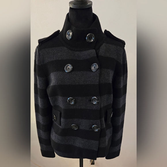 Banana Republic Black Gray Striped Double-Breasted Heavy Merino Wool Sweater - Picture 1 of 4